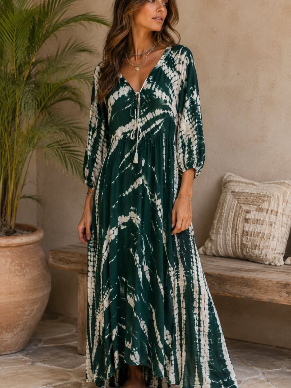 Young Fabulous & Broke Maxi Dress Small Dark Green Ivory Tie Dye Boho Tassel